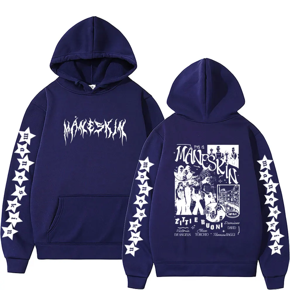 Italian Rock Band Maneskin Double Sided Print Hoodie Men Women Fashion Fleece Cotton Sweatshirt Unisex Vintage Oversized Hoody