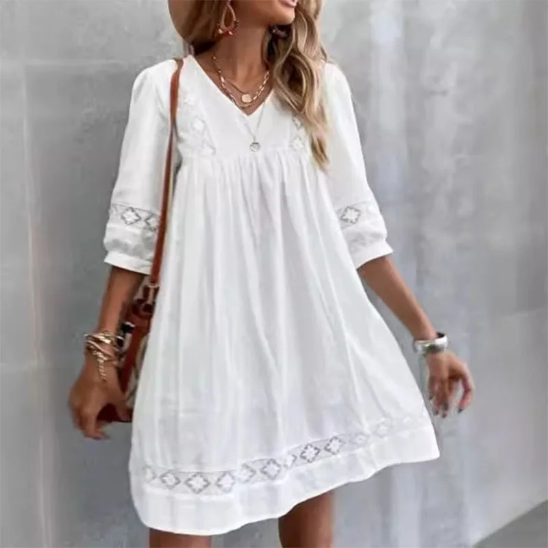 Summer Boho Women's Dress Casual Half Sleeve Sundress Lace V Neck Beach Vestido Bohemian Holiday Party Loose White Mini Dresses