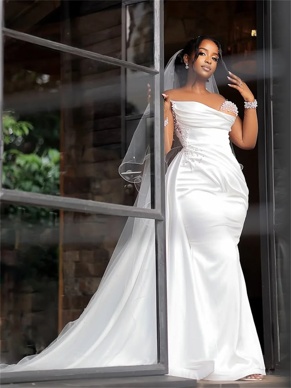 

Vintage Sheer Illusion long Sleeves Beeded Pleat Satin Mermaid Wedding Dresses With Long Rubbons Custom Made 2026 Rode De Morri