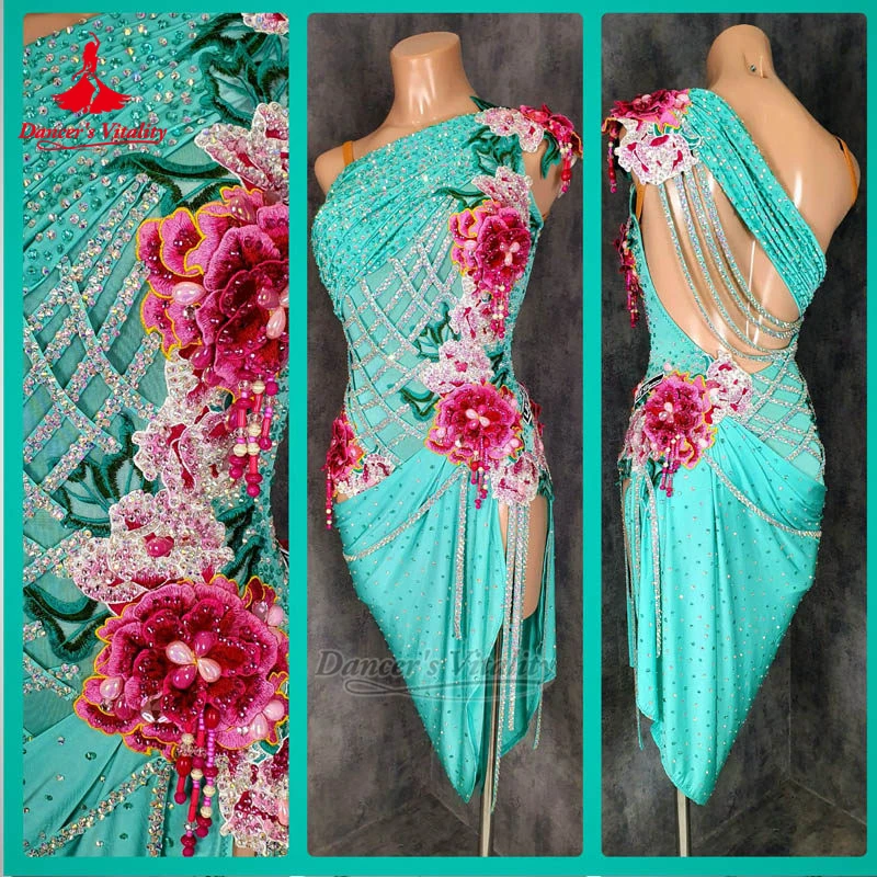 

Adult AB Stones Luxury Stereoscopic Flower Decoration Dresses Dancer's Vitality Female Latin Dance Contest&Perform Customized