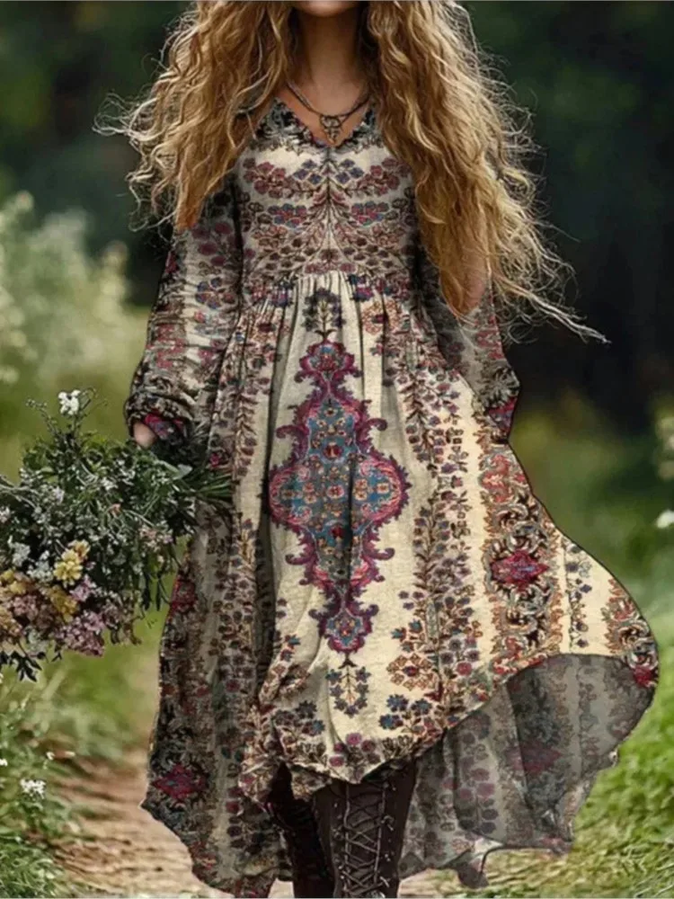 

Casual Women's Vintage Printed Dresses 2025 Spring Autumn New V-neck Long Sleeved Loose Large Swing Dress For Women
