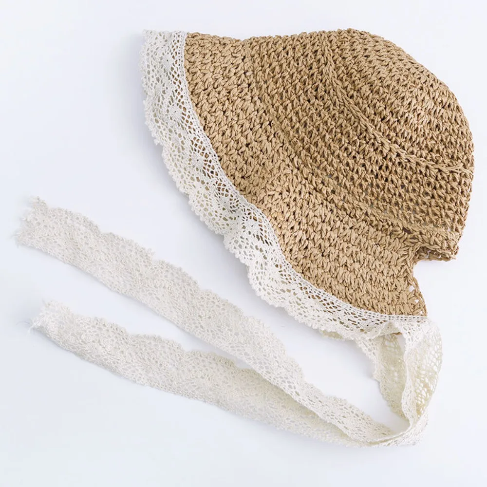 

New Sun Protection Straw Hat Large Brim Foldable Lace Trim Hats UPF 50+ UV Protect Sun Cap Women Girls