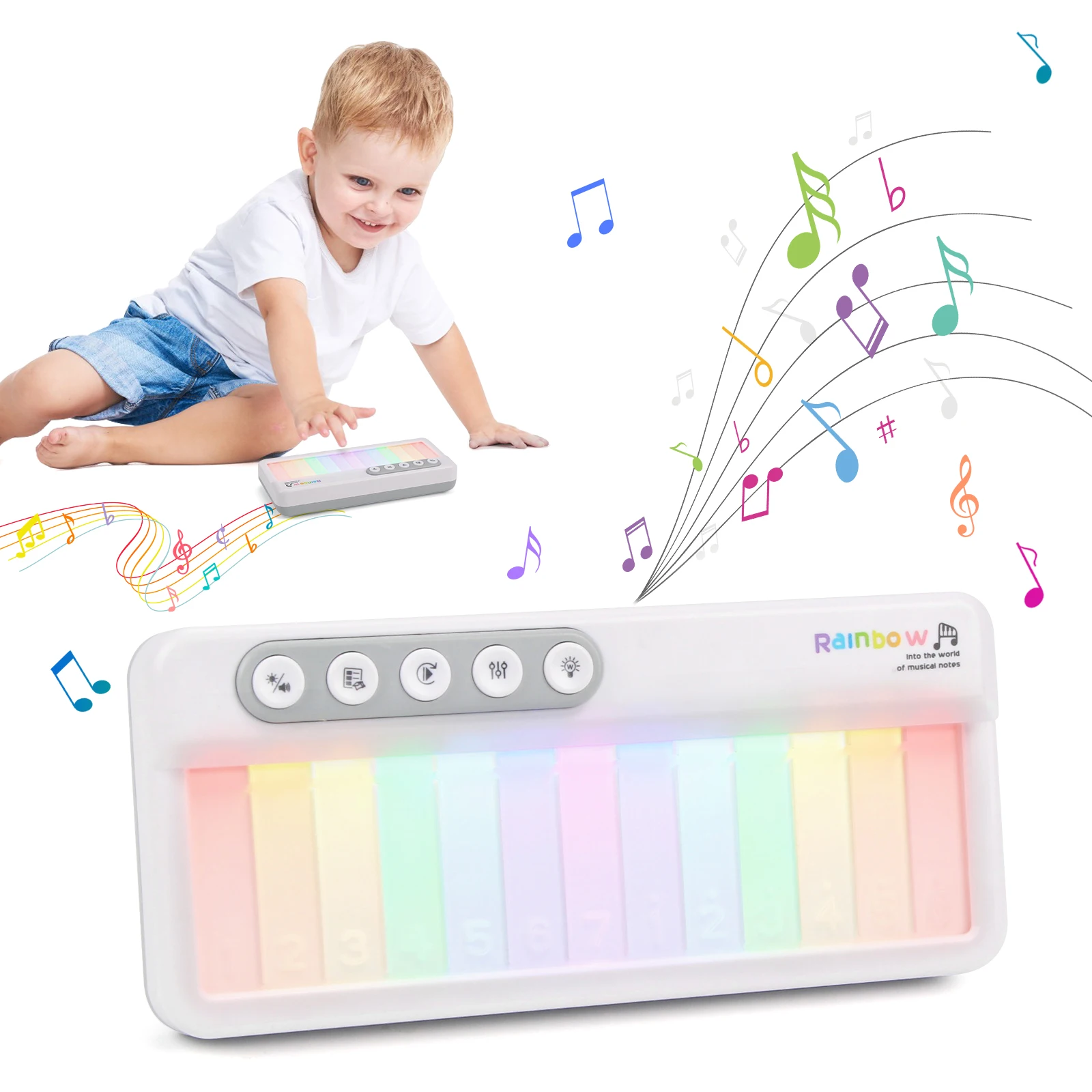 2024 novo arco-íris eletrônico piano brinquedo luz música crianças instrumentos musicais caixa de música arco-íris teclado portátil brinquedos quebra-cabeça do bebê