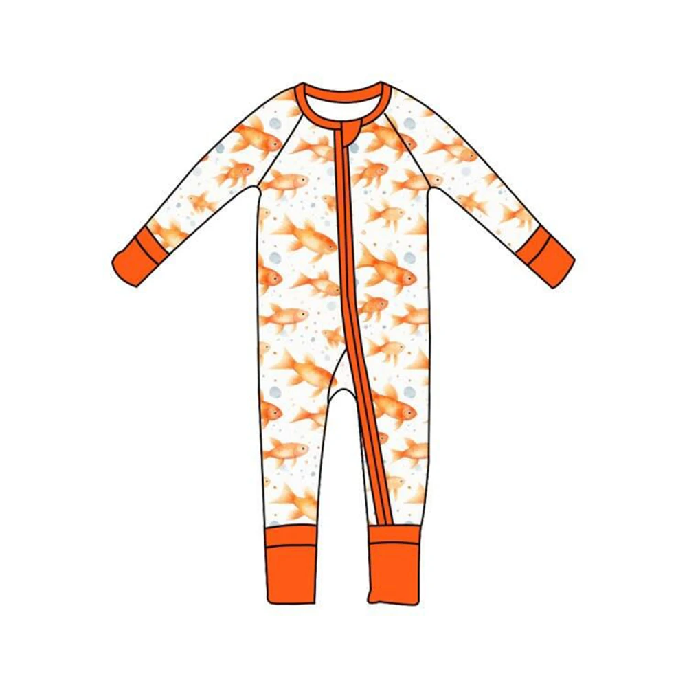 Boutique children's clothing collection long-sleeved onesies one-piece zipper goldfish print baby clothing custom romper