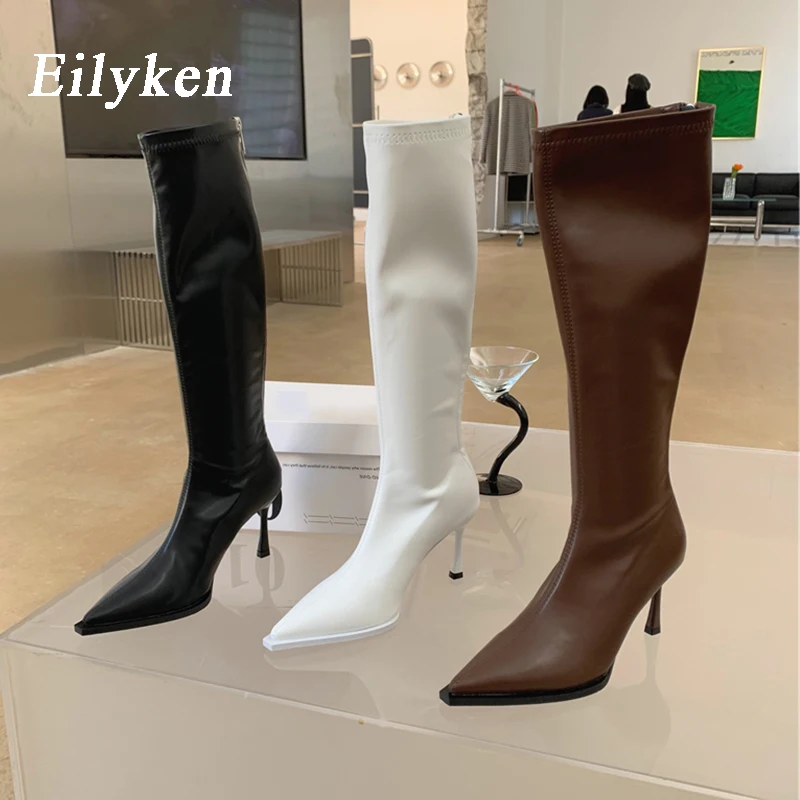 Eilyken Sexy Pointed Toe High Heels Women Knee-High Boots 2024 Spring Autumn Shoes Slim Elastic Fabric Modern Long Botas Mujer