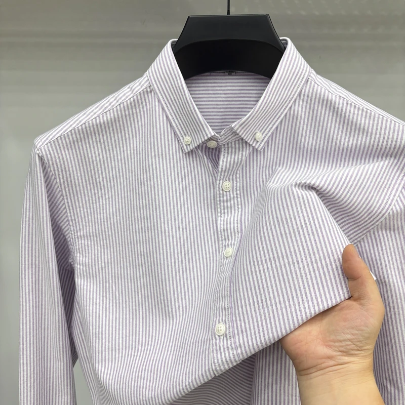 Autumn Men's New Arrival 100% Pure Cotton Long Sleeve T-Shirt Solid Color Vertical Stripes Long Sleeve Shirt Luxury Men's Wear