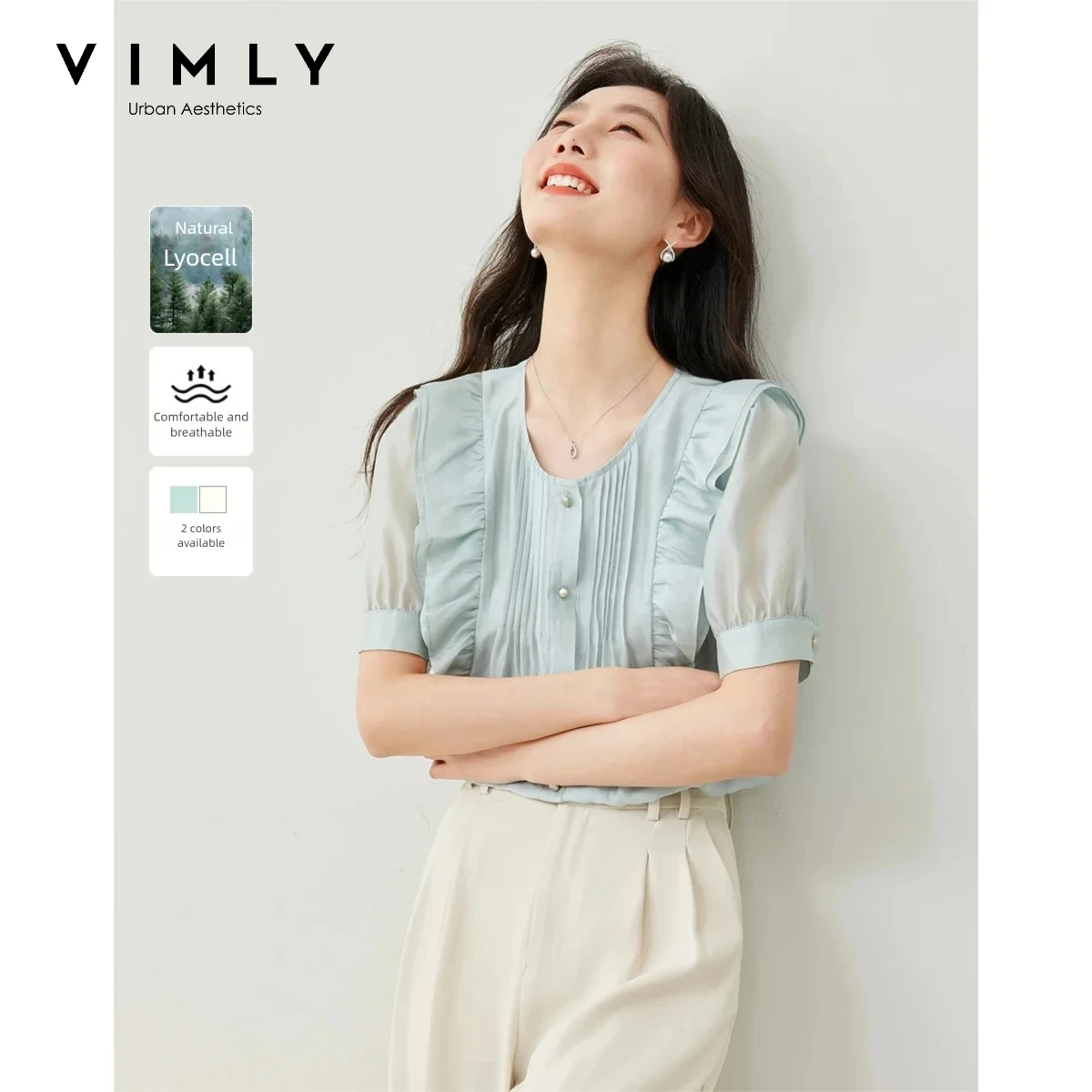 VIMLY Women's Light Blue Shirt Crew Neck French Ruffle Short Sleeve Blouse Summer 2026 New Fashion Elegant Tops Ladies M6812