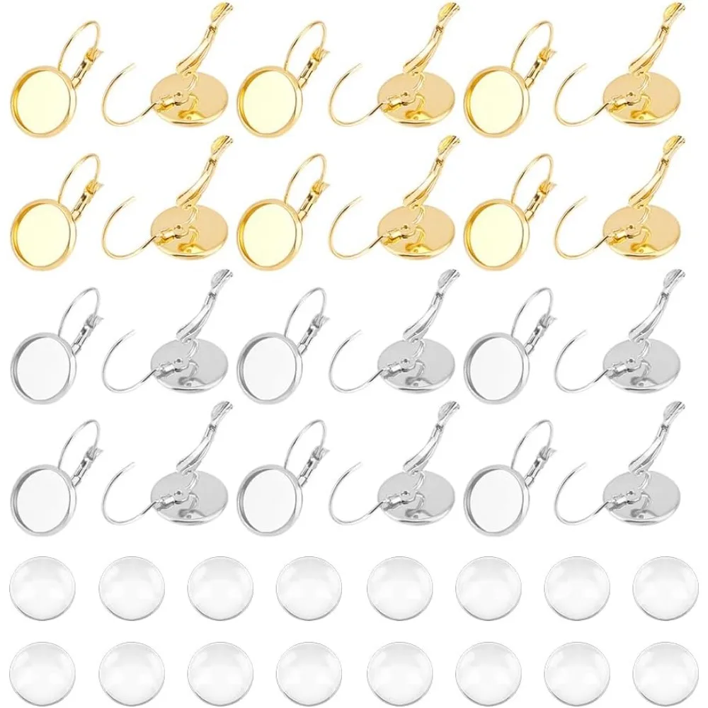 40 مجموعات 2 ألوان 304 الفولاذ المقاوم للصدأ Leverback القرط الحافة صينية 12 مللي متر شقة مستديرة فارغة كبوشن صينية مكونات القرط