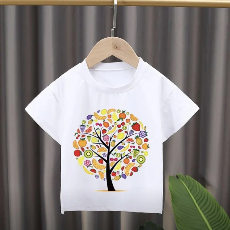 Nuovo stile per bambini Cartoon Fruit Print Girocollo T-shirt a maniche corte Vestiti per ragazza Vestiti per ragazzi Vestiti per bambini Tessuto modale