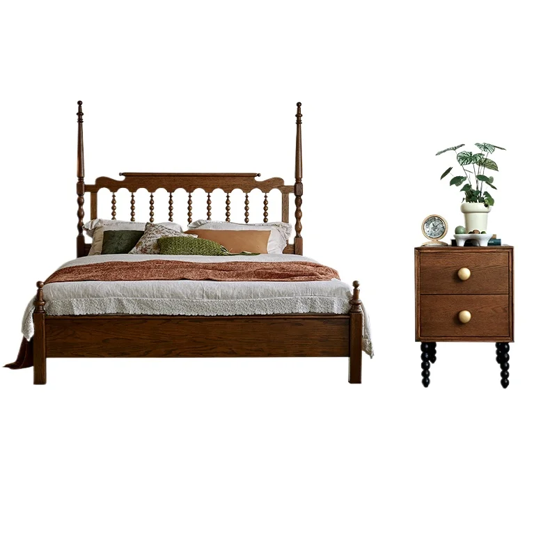 

French retro bed medieval solid wood double bed master bedroom furniture American red oak