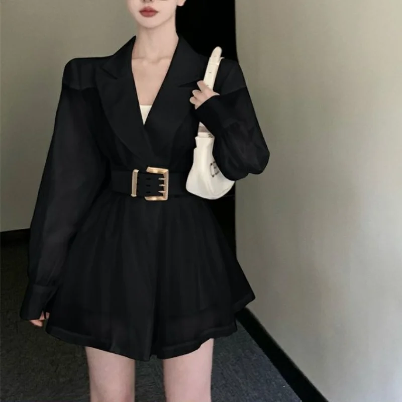 Blazers Women with Belt Defined Chic Slim Thin Breathable Summer Sexy Solid Korean Fashion Clothing Notched Overcoats Harajuku