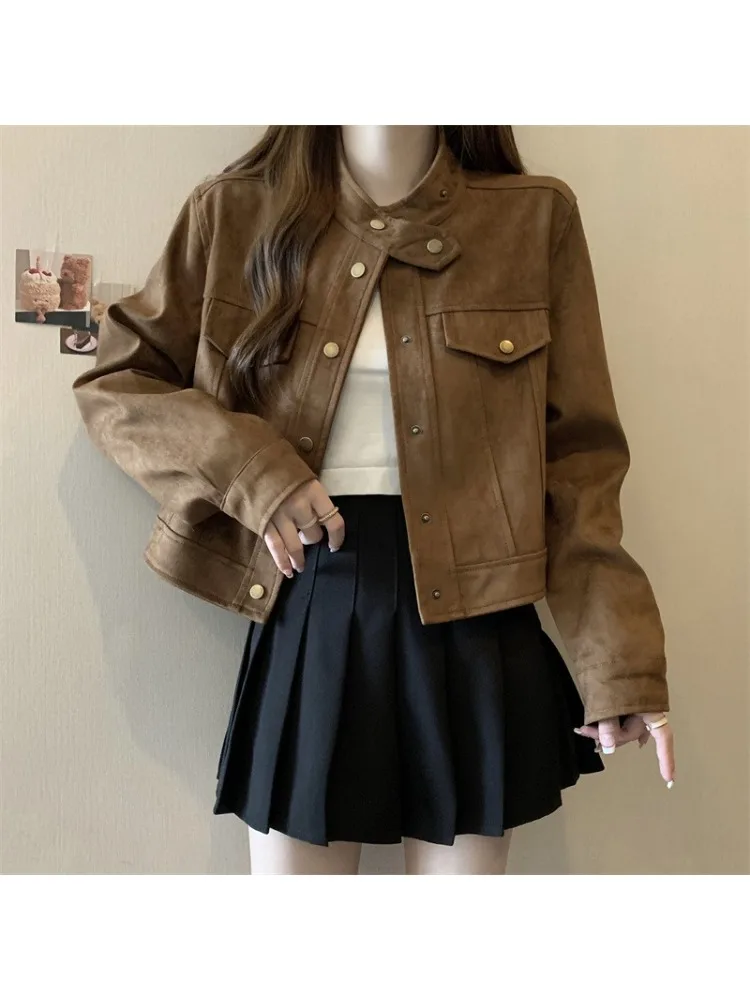 

Women's Long Sleeved Stand Up Collar Coffee Colored Jacket Women's Autumn New Style Loose Short Style Retro Jacket Trend