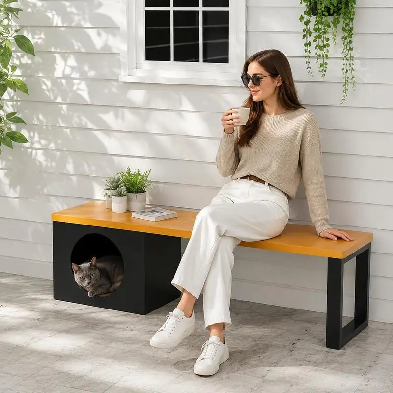 Banc de jardin en bois d'acacia, banc en métal d'extérieur de 150 cm de long avec niche pour chat et 3 places assises - Banc en bois massif couleur café, mobilier de patio en bois