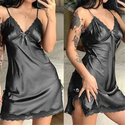 Vestido de noite cetim senhora vestido de dormir renda retalhos lingerie chemise camisola com decote em v cinta de espaguete sleepwear com arco nightwear