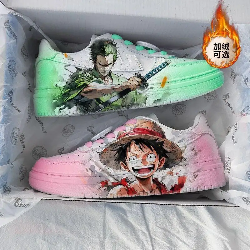 

One Piece Spring and Autumn Low-Top Breathable Sneakers Graffiti Printed Youth Sneakers Anime White Shoes Monkey D. Luffy Gift