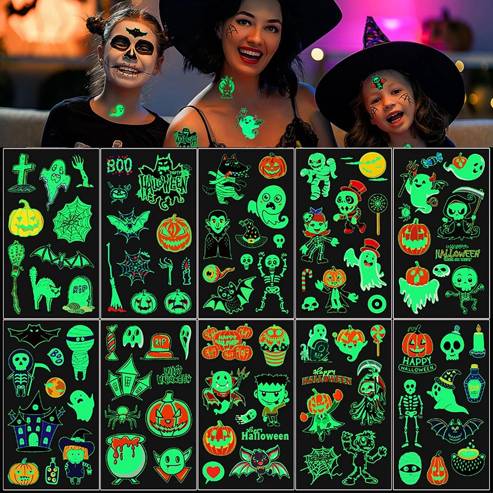 

10pcs Luminous Christmas Halloween Tattoo Stickers Glowing Body Sticker Famliy Party Festival Celebration Paste Paper