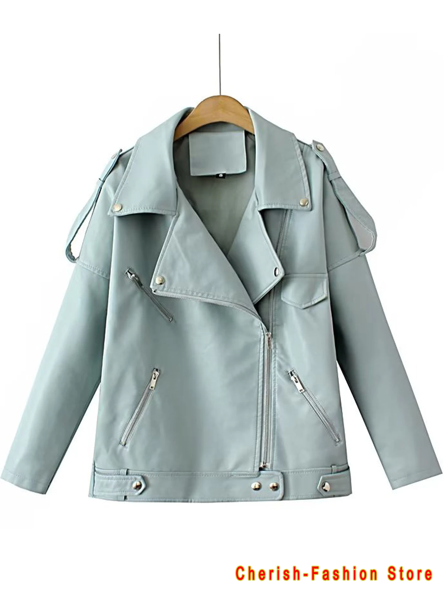 

Faux Leather Jacket Women Casual PU Loose Motorcycle Jackets Female Streetwear Oversized Coat Korean Chic New Spring Blue Green