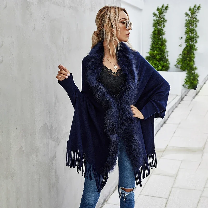 Fur Collar Winter Shawls Knitted Fringe Sweater Ponchos Elegant Batwing Sleeve Long Cardigan Casual Fashion Houndstooth Cloak