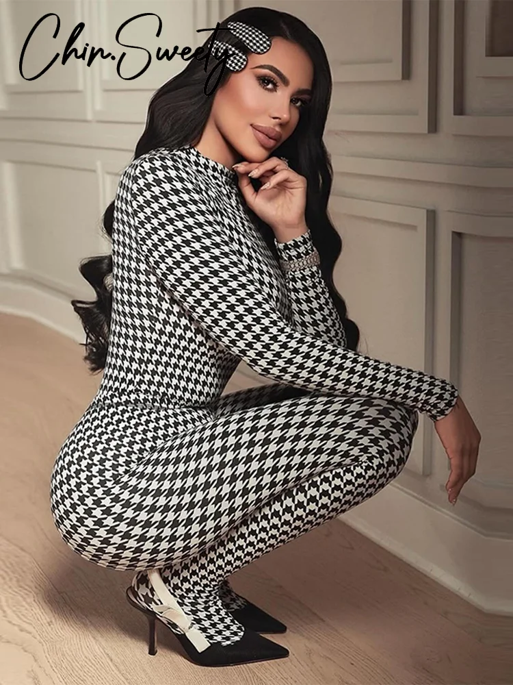Tuta da donna con stampa geometrica Slim manica lunga colletto alla coreana cerniere pacchetto anca pagliaccetto 2026 tute da donna primavera estate Nuovo