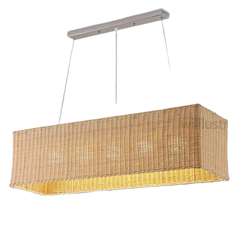 

Handmade Wicker Pendant Light Rectangle Suspension Lamp Dining Living Room Hotel Hall Cafe Loft Hanging Ceiling Chandelier