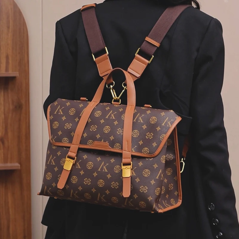 women-vintage-k-monogram-messenger-bag-contrast-trim-flap-with-double-buckles-convertible-backpack-straps-3-ways-to-carry-handbag-large-capacity-travel-commuter-bag