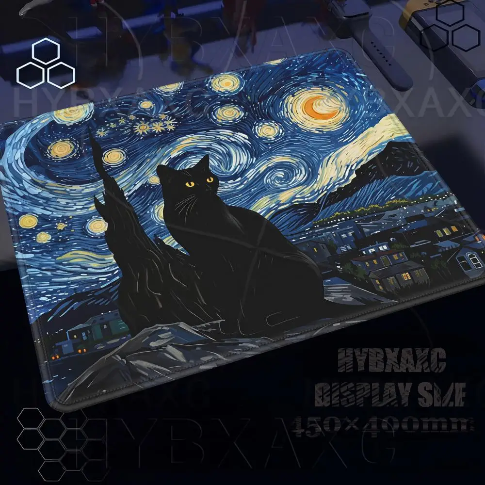 Cute Starry Night Black Cat Mouse Pads Multiple Sizes Computer Office Game Table Mat Mat Van Gogh Moon Stars Aesthetic Desk Mat