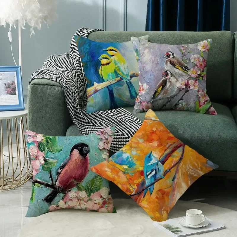 Watercolor Bird pattern Double-sided Printed pillow cover Short plush Suitable living rooms bedrooms sofas throw cushion cover