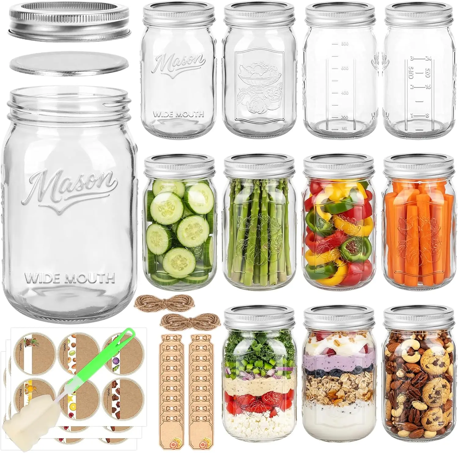 

Широкогорлые стеклянные банки для консервирования, 32 унции, 12 штук, с рельефными мерными отметками и герметичными крышками - для засолки, ферментации