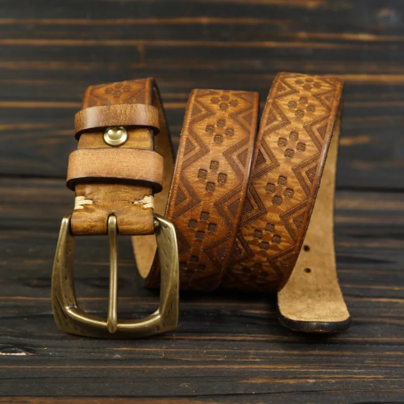

Men's 5mm Thick Laser Engraved Cowhide Belts Male Genuine Leather Retro Trend Personalized Design Copper Buckle Belt