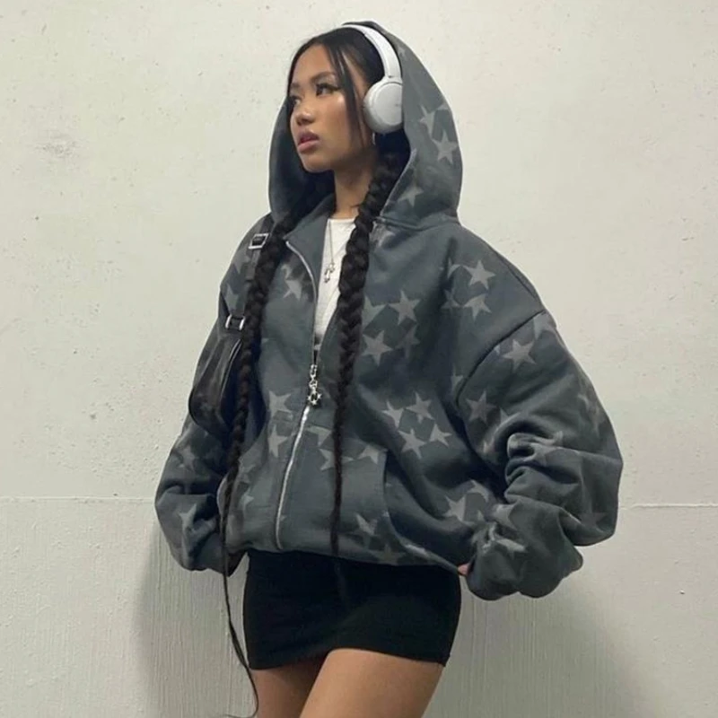 

Casual Star Print Hooded Cardigan Women's Long Sleeve Zipper Closure Street Style Composite Fabric Straight Cut Fashion