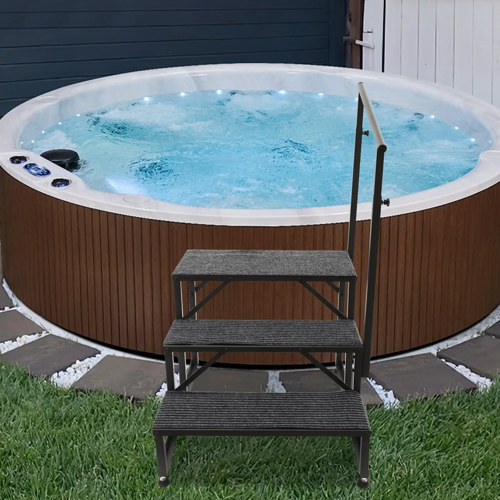 خطوات RV مع درابزين، 3 خطوات سلم حوض استحمام ساخن مع وسادة مضادة للانزلاق، خطوات سلالم محمولة لأحواض الاستحمام الساخنة، المعسكر، المحمول Ho #5