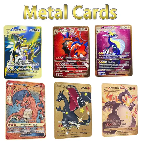 2025 nouvelle carte Pokemon métal 10000 Points Arceus Charizard Super carte doré anglais Mewtwo Vmax GX EX Anime cartes de Collection Gif