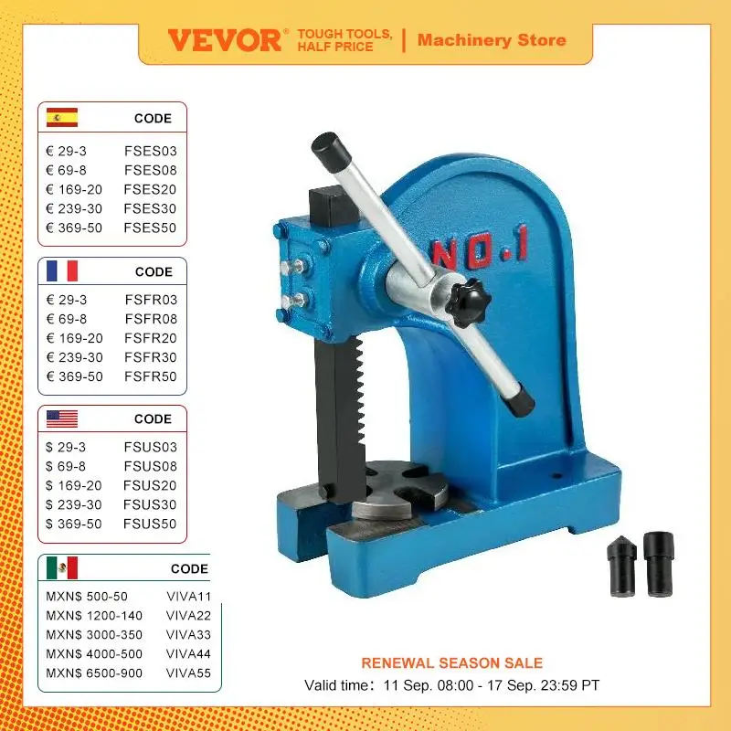 VEVOR Arbor Press 1 Ton 3 Ton Manual Leverage Mountable Bearings Cast Iron for Riveting, Squeezing, Punching, Bending, Pressing