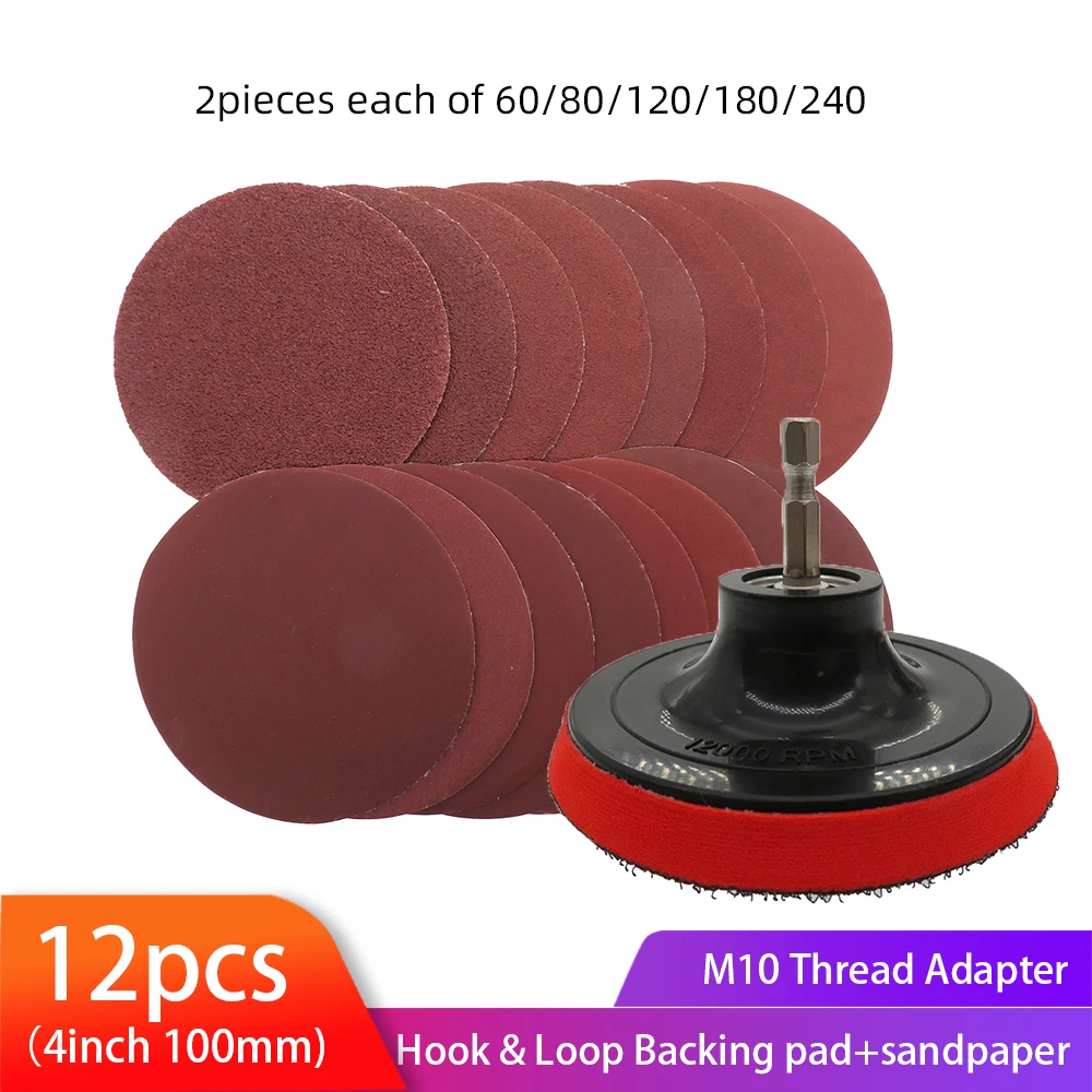 4 Inch Sanding Disc 100mm Hook & Loop Sand Paper 60-240 Grit Backing Pad & M10 Drill Adaptor 12 PCS Set Polishing Abrasive Tools