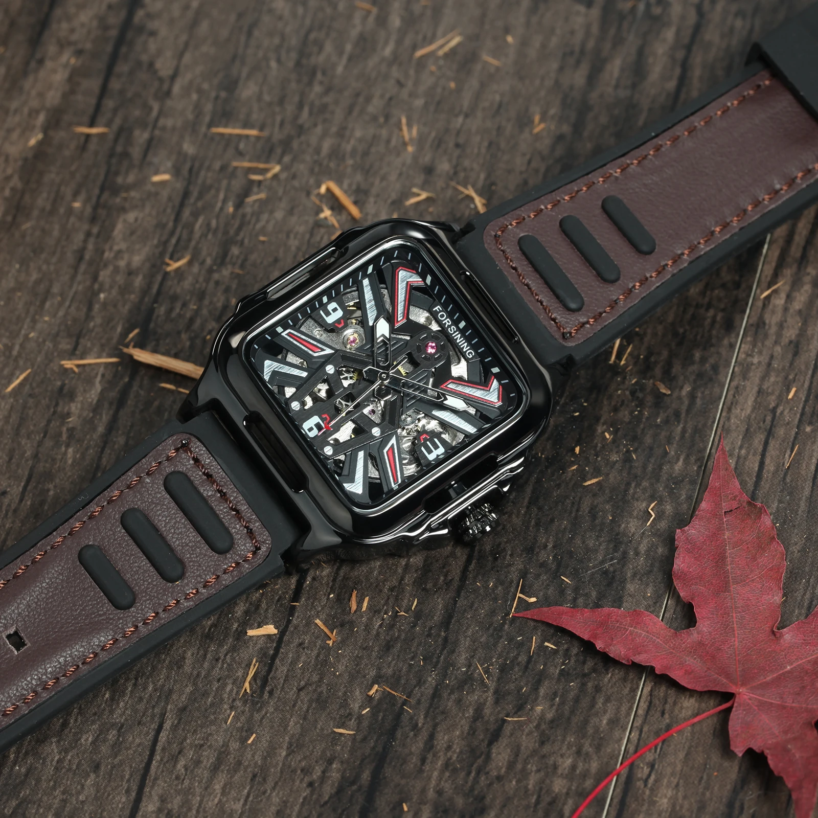 Forsining ساعة ميكانيكية عصرية للرجال مضيئة الأيدي عادية المطاط حزام من الجلد الأعمال الفاخرة التلقائي ساعات رجالي جديد
