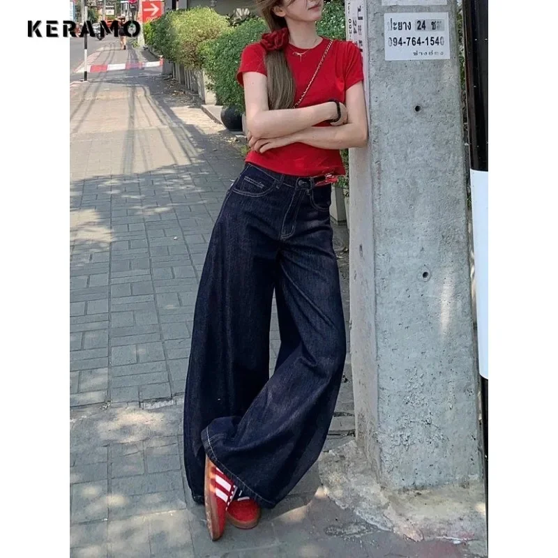 Women\'s Y2K Solid Color Denim Trouser Washed Vintage Casual Classic Emo Pants Female Grunge High Waist High Street Retro Jeans
