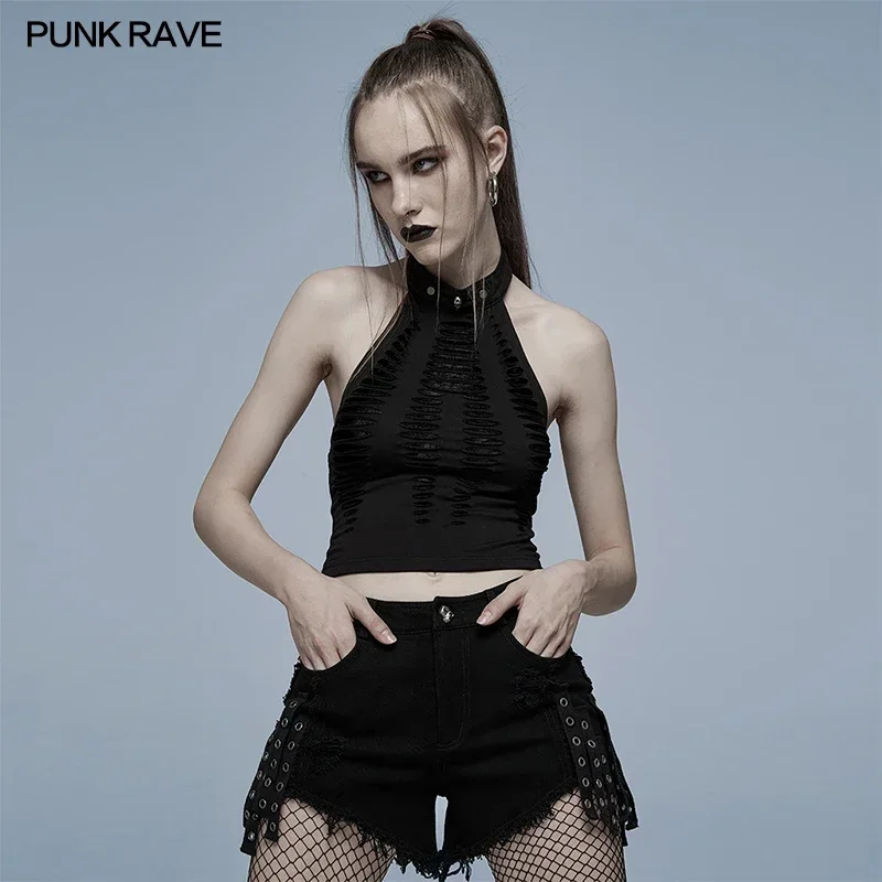 PUNK RAVE Gothic Daily Hollowed Out Spider Print Mesh Vest Back Adds Sexinity Tank Tops Summer Women Clothing