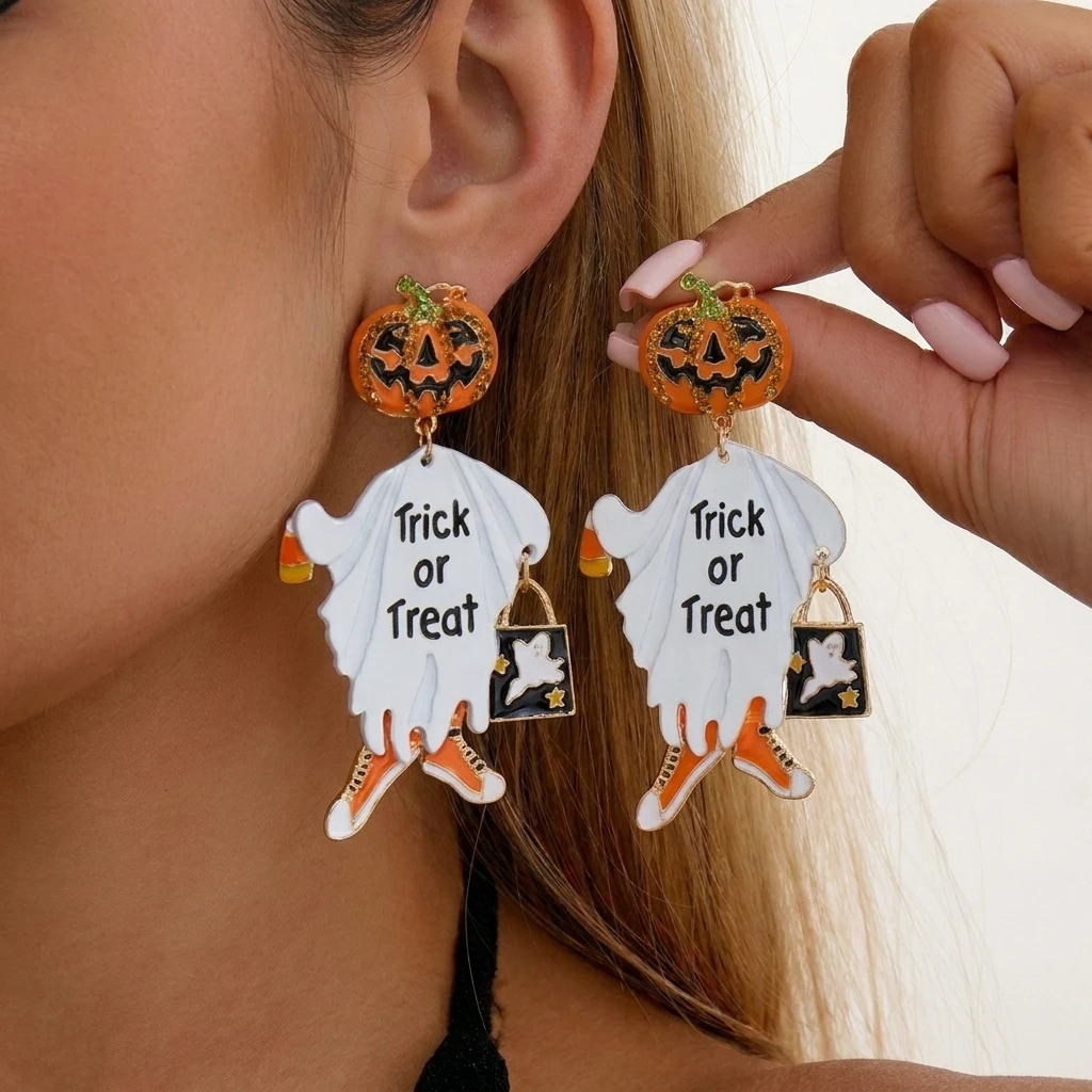 Cute Spooky Halloween Earrings for Women Cartoon Enamel Ghost Pumpkin Dangle Earring Trick or Treat Party Statement Jewelry Gift