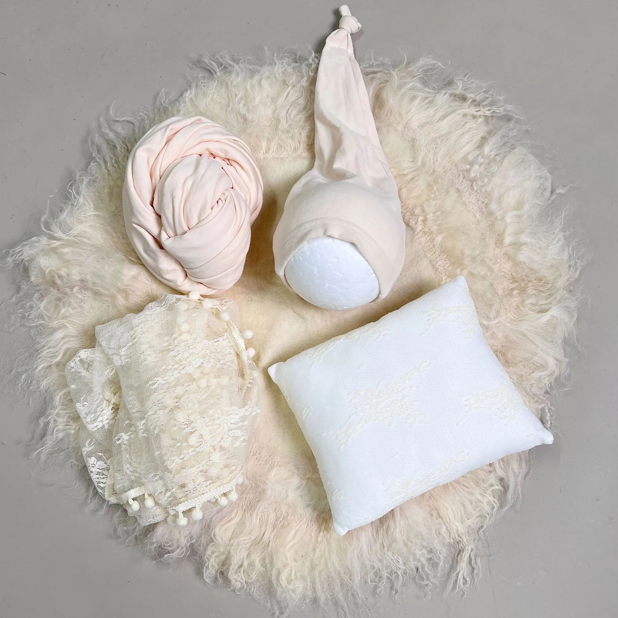 Don&Judy Lace Mohair Wrapped and Hat Round Cushion Newborn Photography Set Infant Toddler Baby Boy Girl Photo Shooting 5pcs/Set