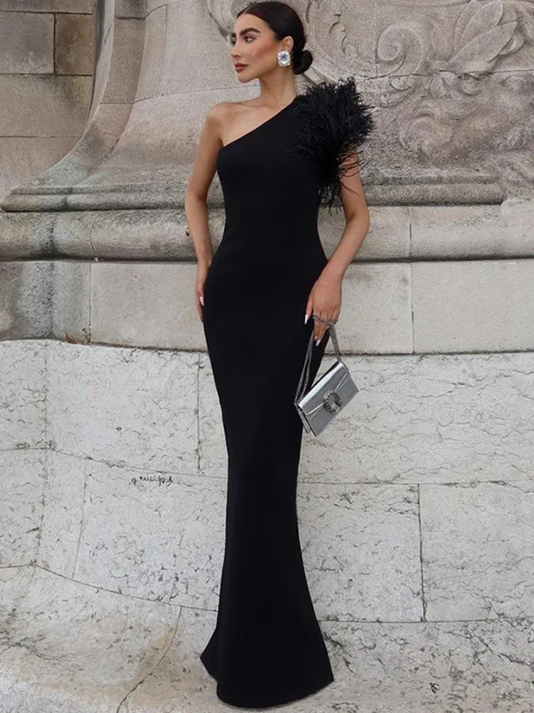 BWQ Black Sleeveless One Shoulder Feather Maxi Dress For Women Bodycon Sexy  Party Elegant Long Dress Birthday Evening Outfit - AliExpress 200000345