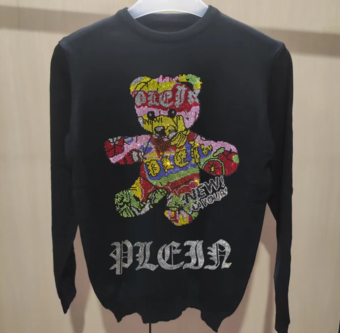 Men\'s Street Sweater Trendy Brand Rhinestone Skull Plein Pullover Tops Round Neck Plus Size Black Hip-Hop Streetwear Man Clothes