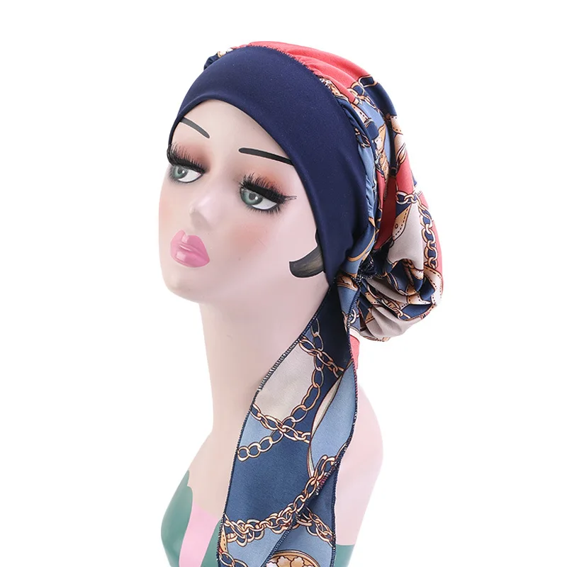 2PCS Women Printed Pre-Tied Turban Cap Long Tail Headscarf Strechy Bandana Muslim Hijab Inner Caps Hair Loss Cover BeaniesBonnet