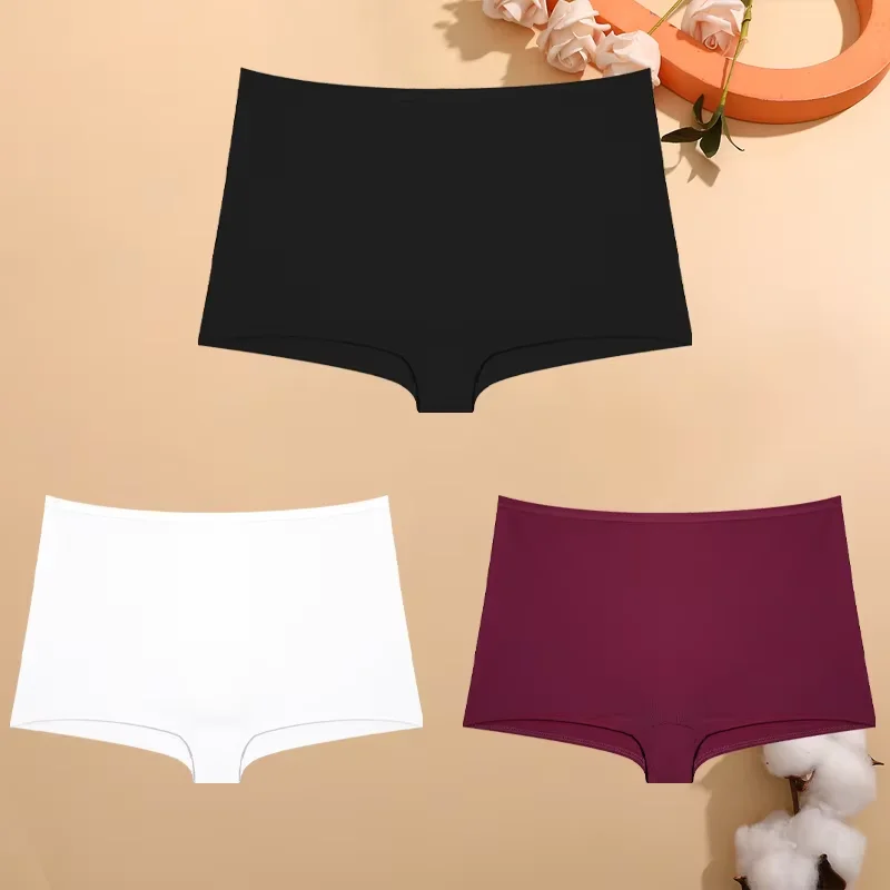 FINETOO 3PCS Women's Cotton Boyshort Panties Breathable Low Waist Solid Colors Underwear Female Casual Sports Boxers Underpants