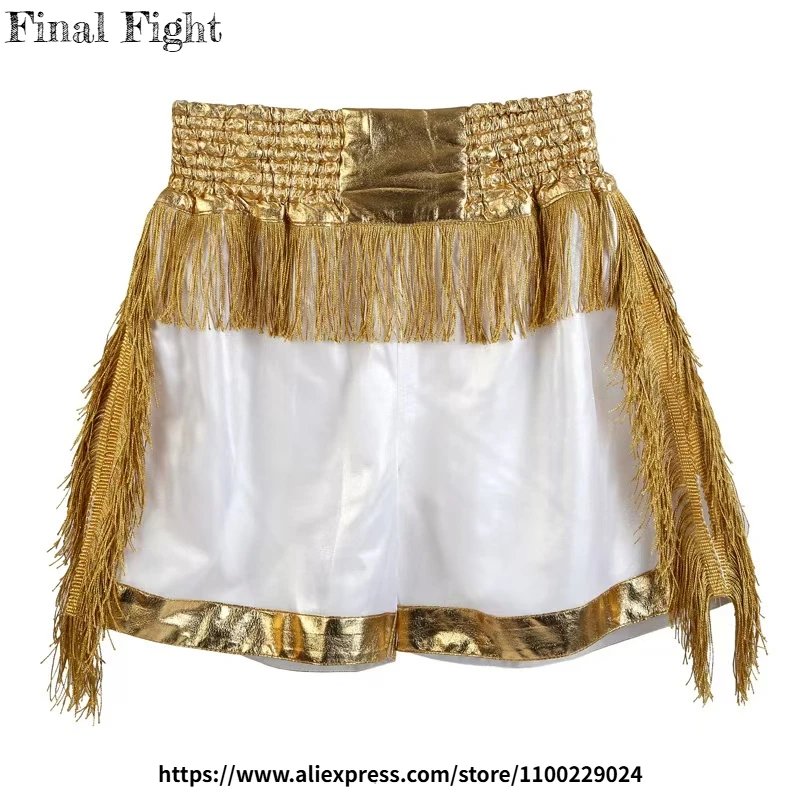 

Plain Satin Kickboxing Fight Shorts Shiny Tassel Solid Color Muay Thai Boxing Pants Professional Training Amateur Match Trunks