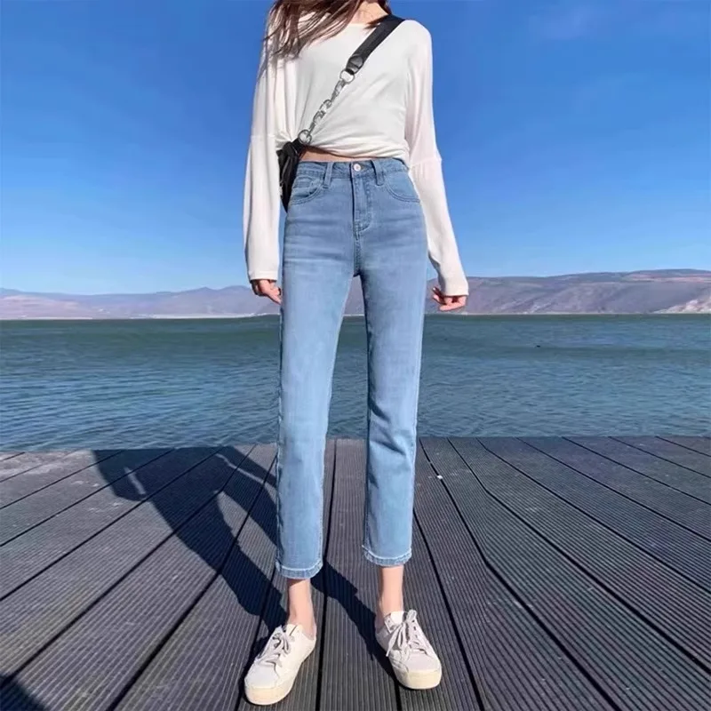 

Облегающие прямые синие джинсы с высокой талией, женские летние эластичные хлопковые эластичные джинсовые капри, износостойкие брюки-трубы