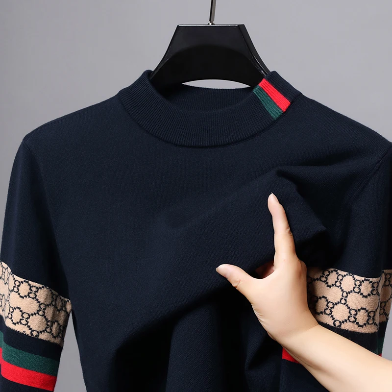 High end brand round neck knitted sweater men's autumn winter trend European casual letter jacquard design round neck pullover