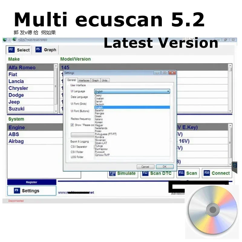 2025 Hot Multiecuscan V5.2 for Fiat/Chrysler/Dodge/Jeep/Suzuki Scanner Software Work for ELM327 Flat Adapter Registered Unlimite