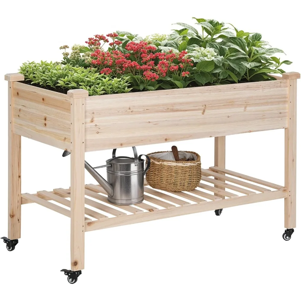 

Garden Bed with Legs and Lockable Wheels,Elevated Wooden Planter Box Stand Large Planter Stand Box with Storage Shelf