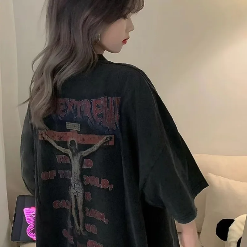 

2024 Summer Short Sleeve T-shirt Hipster Streetwear Letter Graphic Printed Washed T Shirt Men Hip Hop Harajuku Oversized Tops