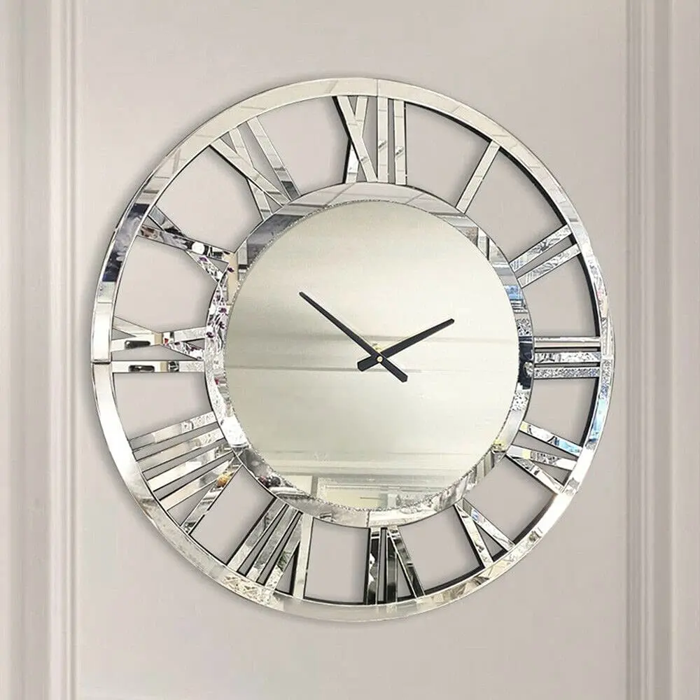 Battery Operated Silent Non Ticking Wall Clock Mirrored Clocks Silver Round Wall-Mounted Modern Clocks For Home Decor